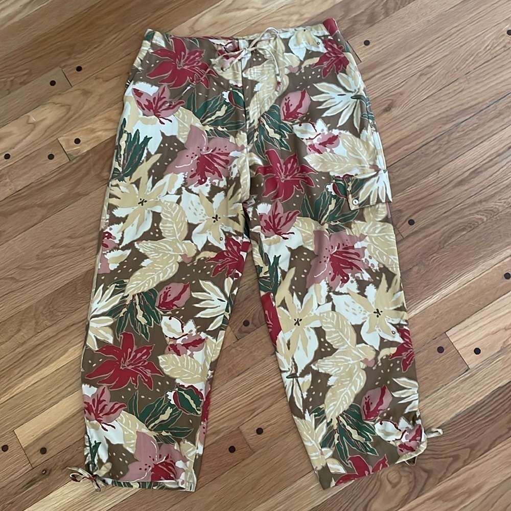Kate Hill Silk Cargo Pants Botanical Floral Cropped Capri Ankle Women L